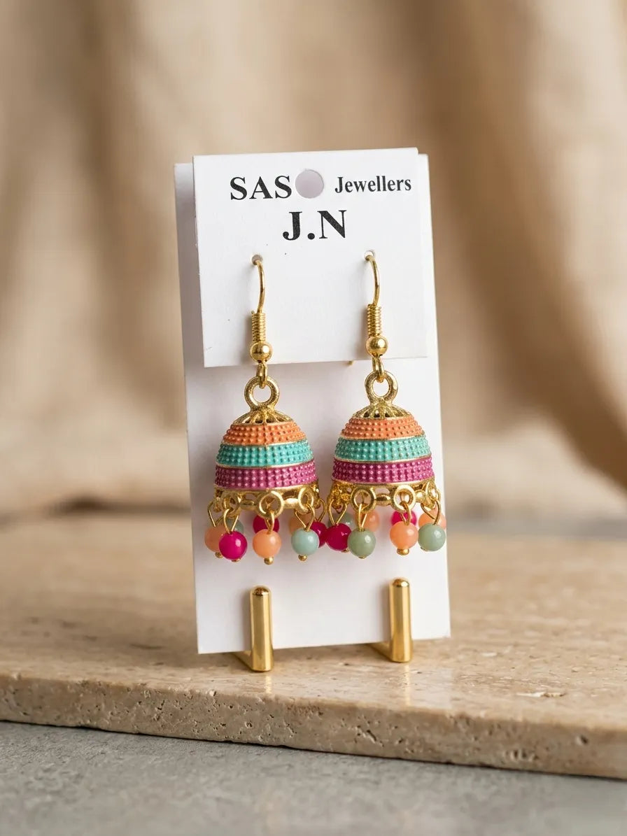Women Funky Multicolor Crystal Jhumka Earrings Gold Plated