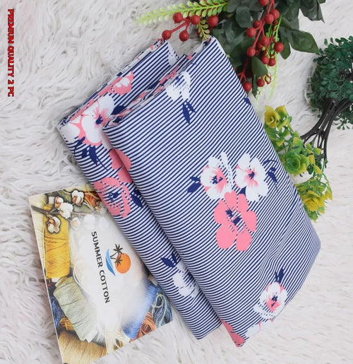 2 Piece Printed Cotton Suit Blue Pink Floral Pakistan