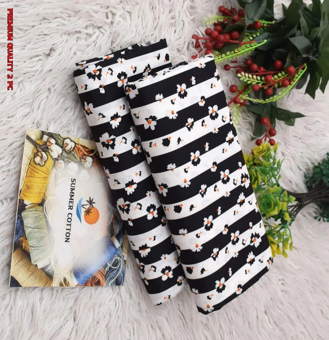 2 Piece Printed Cotton Suit Black White Floral Summer