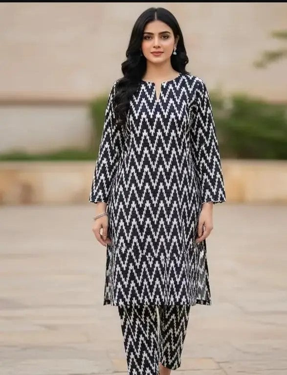 2 Pcs Women's Unstitched 3-D Block Printed Suit