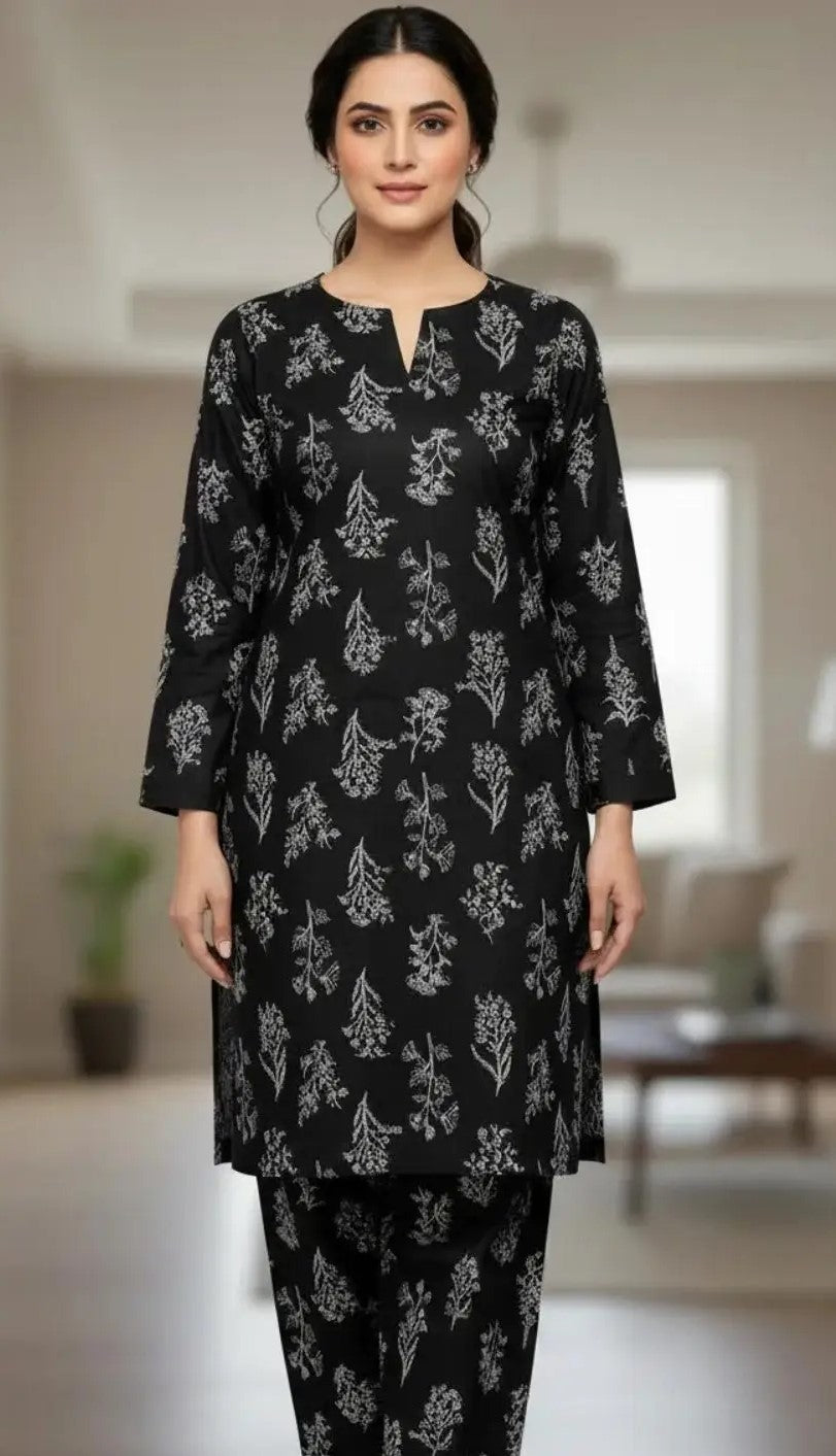 2 Pcs Women's Unstitched 3-D Block Printed Suit
