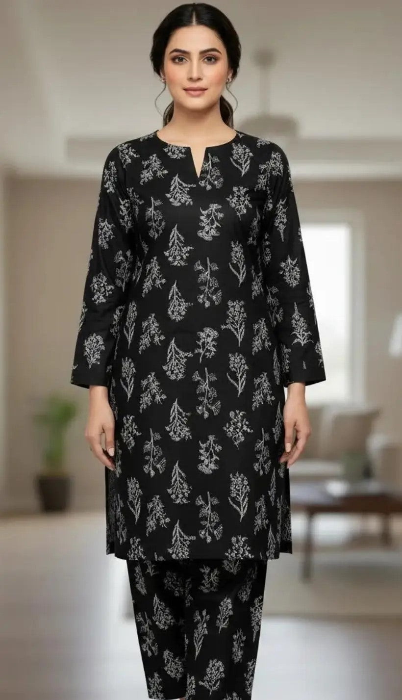 2 Pcs Women's Unstitched 3-D Block Printed Suit