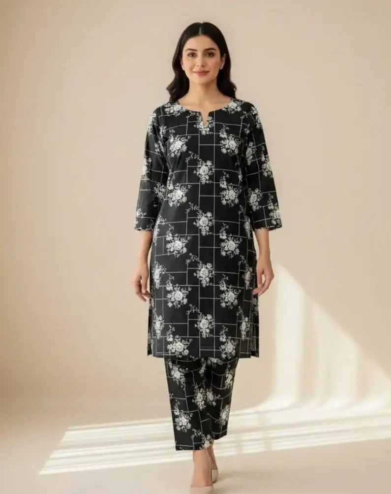 2 Pcs Women's Unstitched 3-D Block Printed Suit