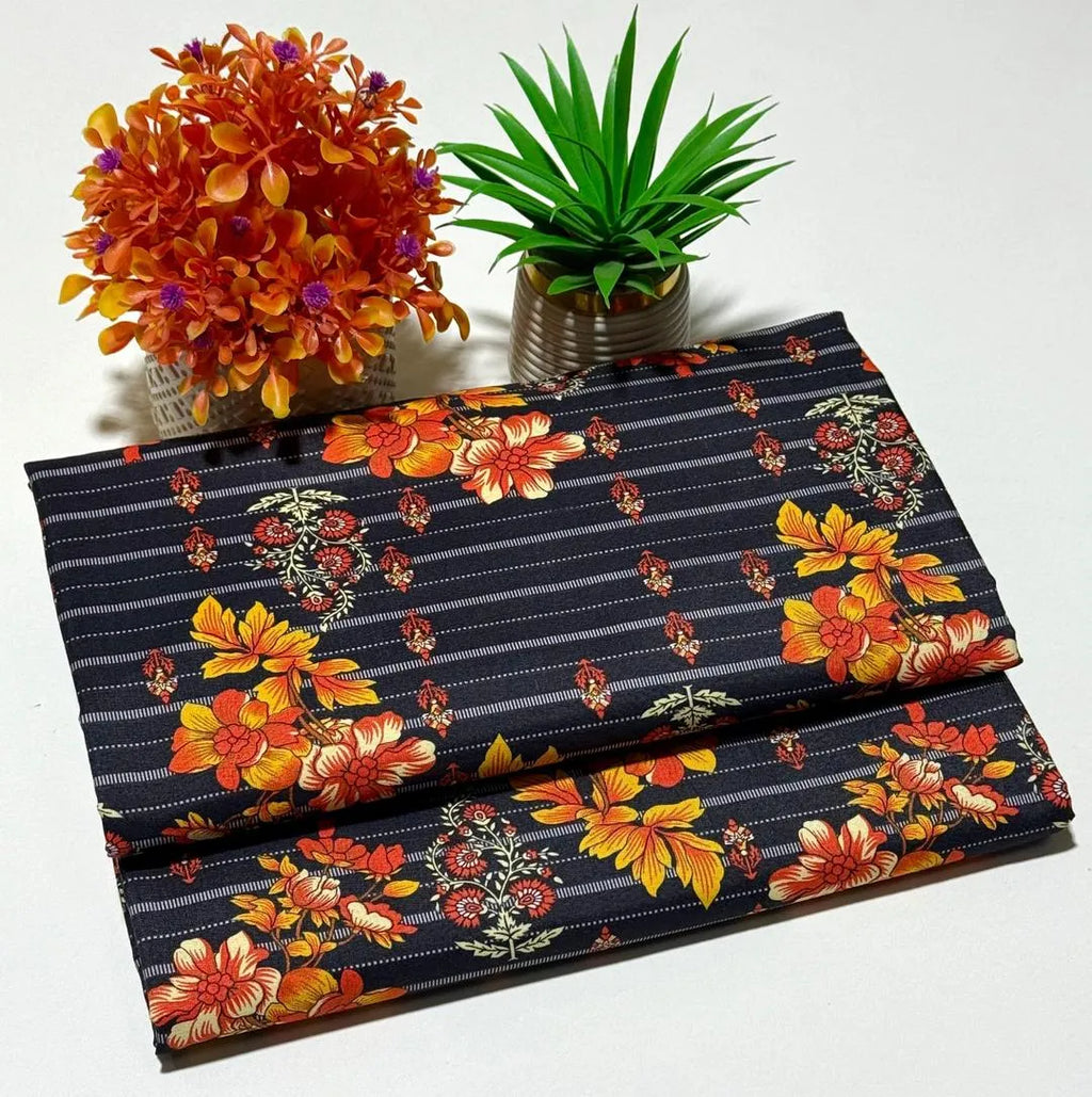 Women Printed Polo Cotton Suit Black Orange Floral 2 Pcs