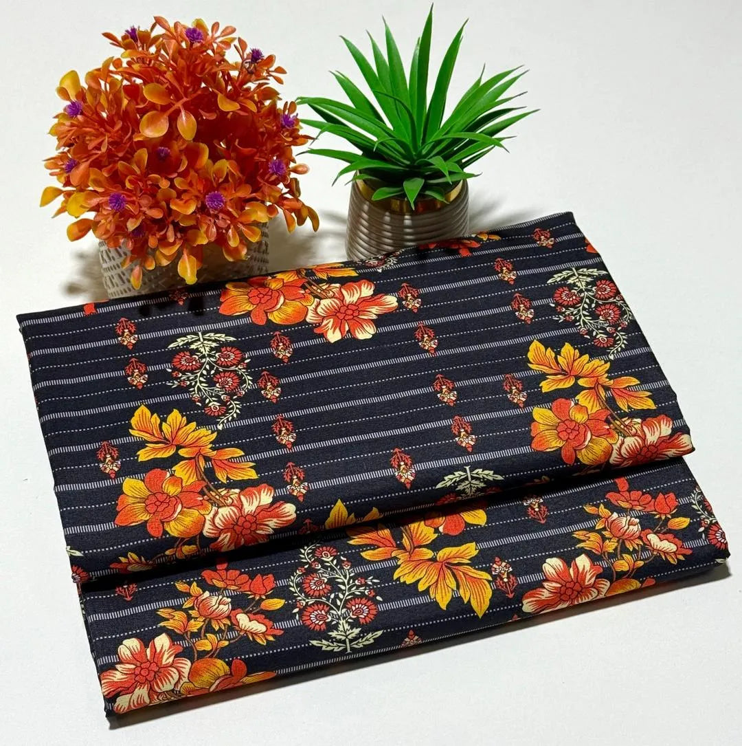 Women Printed Polo Cotton Suit Black Orange Floral 2 Pcs