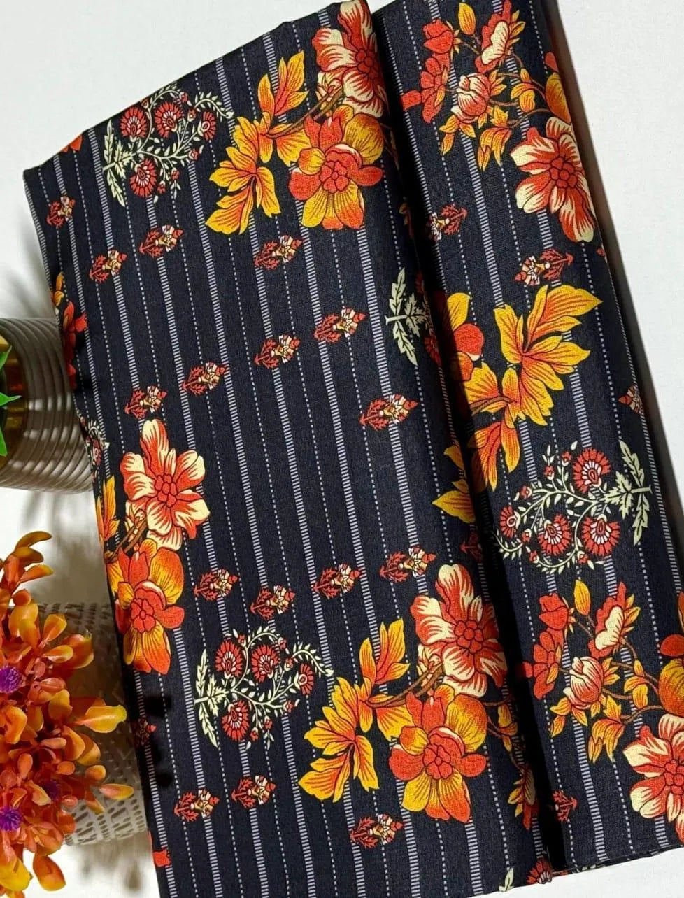 Women Printed Polo Cotton Suit Black Orange Floral 2 Pcs