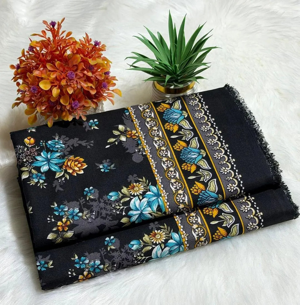 Black Floral Printed Unstitched Suit Set