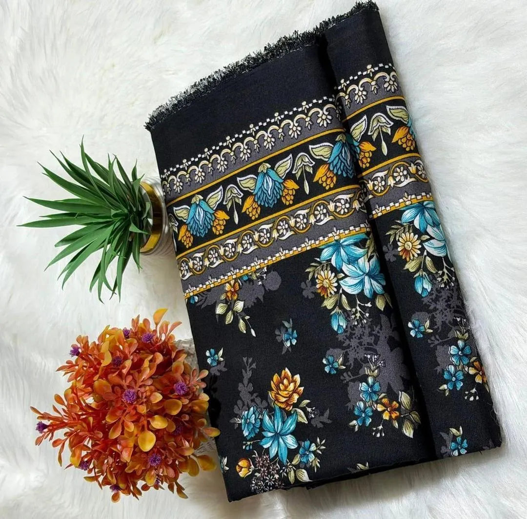Black Floral Printed Unstitched Suit Set