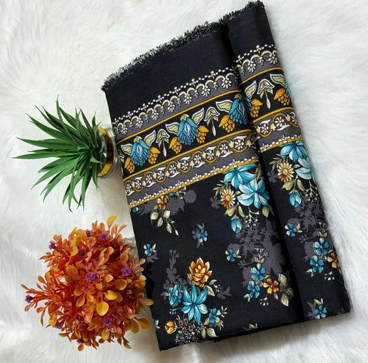 Black Floral Printed Unstitched Suit Set